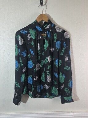 Vince Camuto Floral Tie Neck Blouse Womens Medium Black Blue Green Long Sleeve